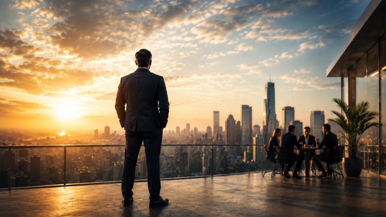 Una persona de traje observa el horizonte de la ciudad desde una terraza al atardecer