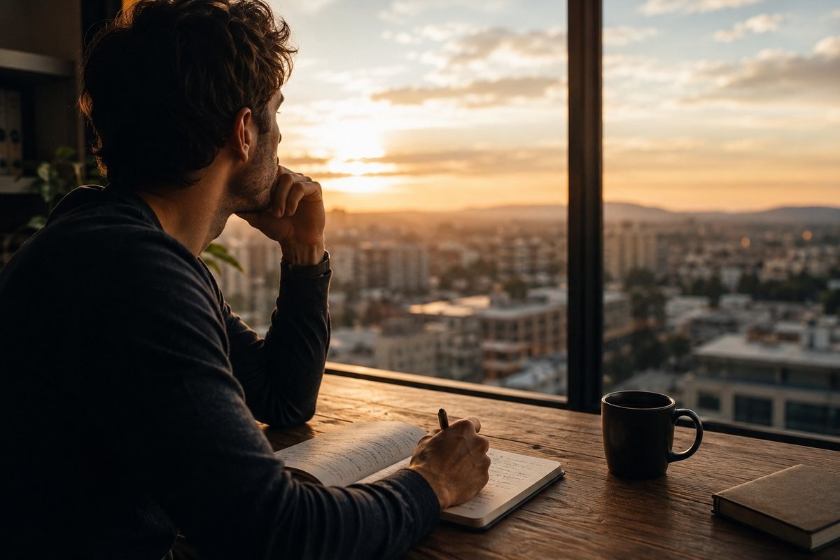 Una persona escribe en un cuaderno frente a una ventana con vista a la ciudad al atardecer
