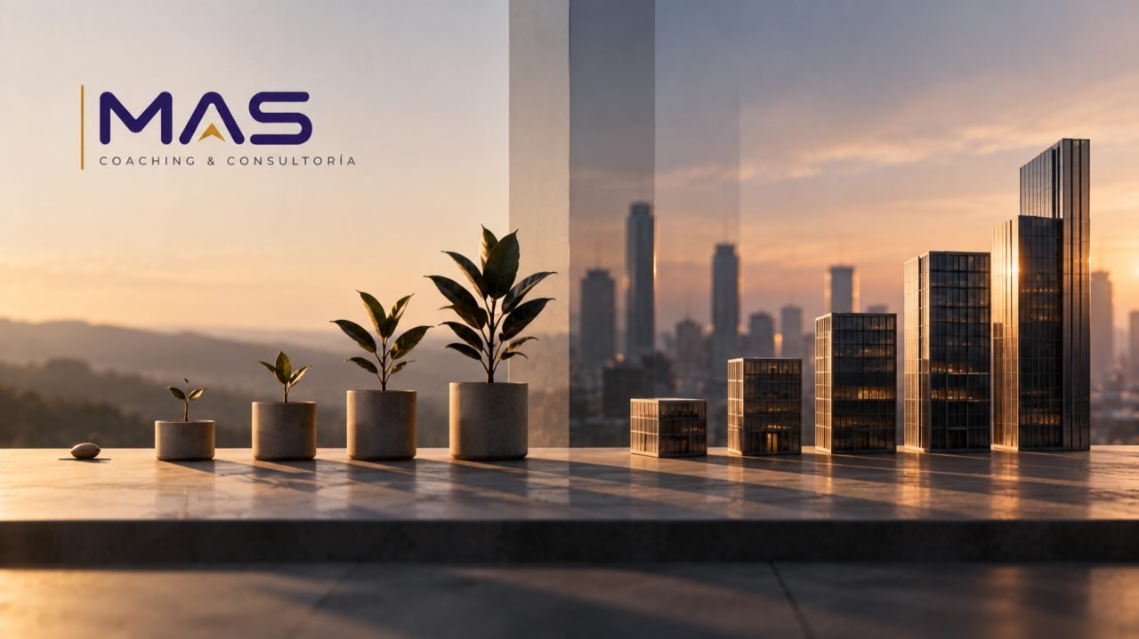 Plantas en macetas que crecen de menor a mayor junto a maquetas de edificios cada vez más altos, frente a una ciudad al atardecer