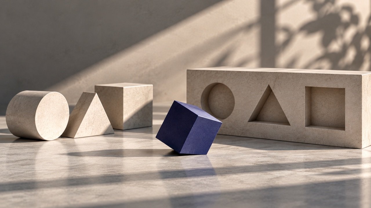Cubo azul que no entra en ninguno de los huecos de una caja de formas de piedra, junto a un cilindro, un prisma y un cubo claros