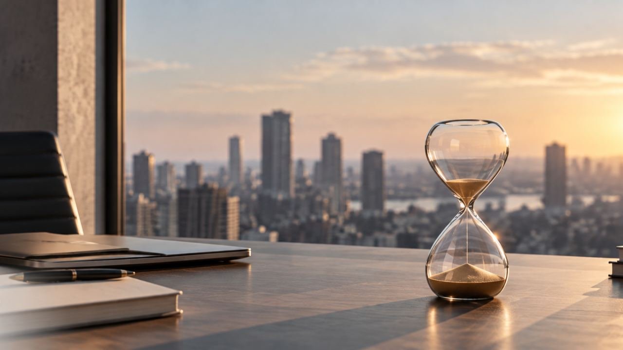 Reloj de arena sobre un escritorio de oficina frente a una ciudad al atardecer, símbolo del tiempo que recuperamos